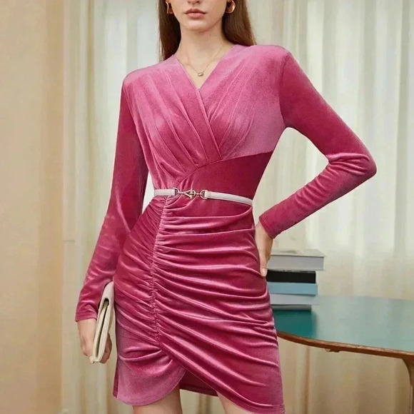 Pink Preppy Womens Ruched Front Velvet Bodycon Dress Without Belt - Picture 1 of 5